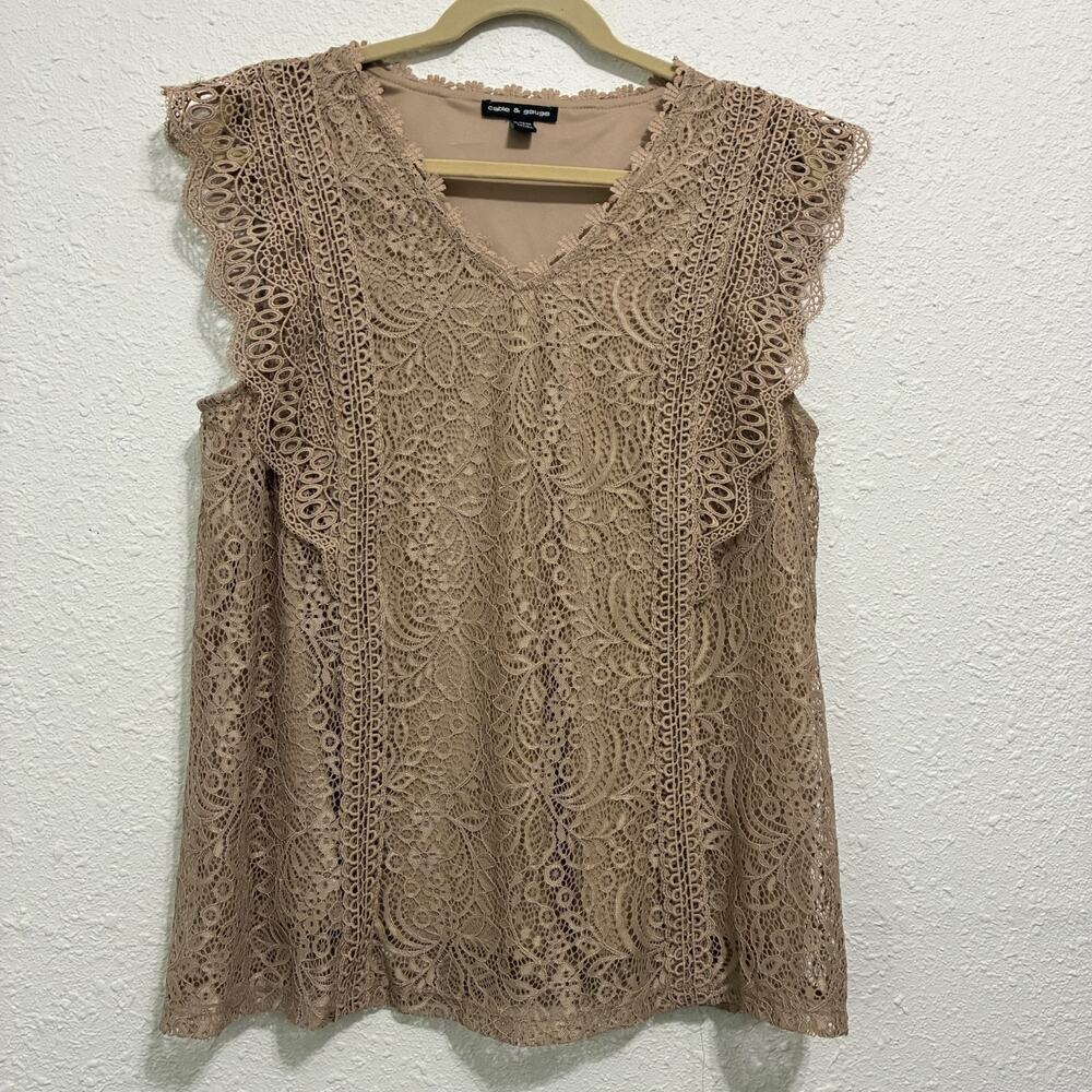 CABLE & GAUGE Sleeveless Floral Lace Overlay Blouse V-Neck Tan Feminine Boho XL